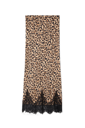 Leopard print Maeva midi skirt featuring a black lace border at the hem.