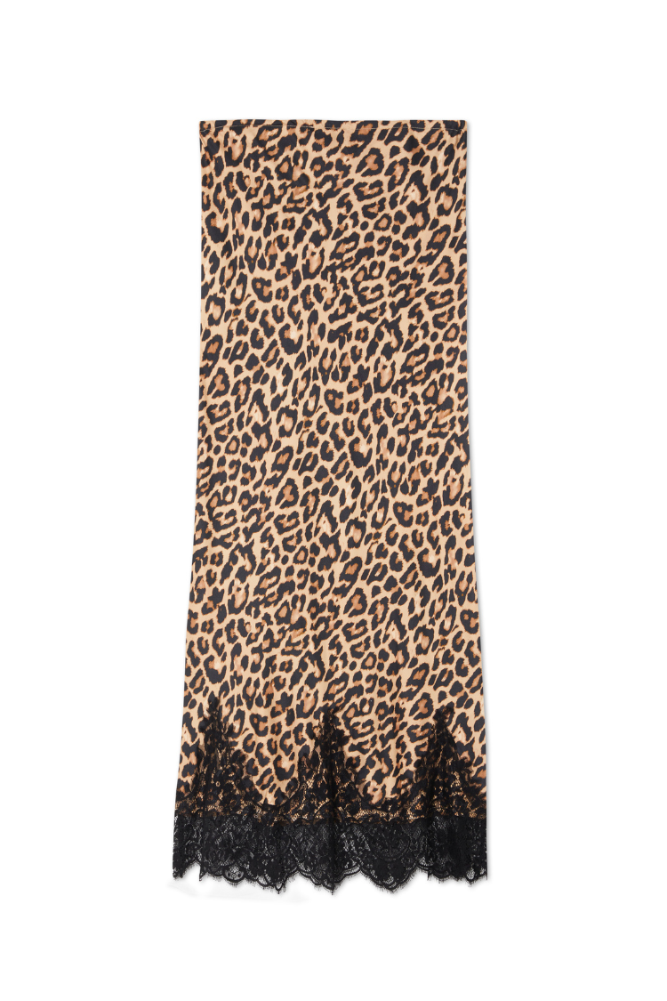 Leopard print Maeva midi skirt featuring a black lace border at the hem.