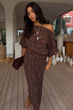 Petite Lucia Leopard Tilly Dress in plisse fabric with an off-the-shoulder neckline and elasticated waist.