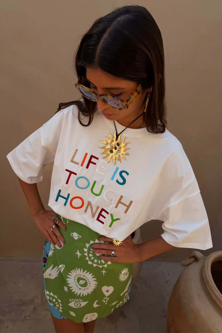 White Life Is Tough Honey embroidered t-shirt featuring multi-coloured text and a relaxed fit.