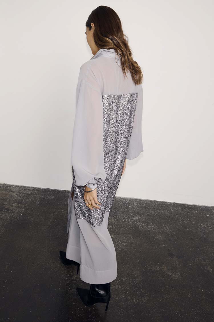 Gunmetal Sequin Lila Shirt Dress in grey, featuring a shimmering sequin back panel and relaxed longline silhouette.