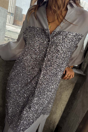 Gunmetal Sequin Lila Shirt Dress with shimmering silver sequins, button-up collar and a relaxed silhouette.