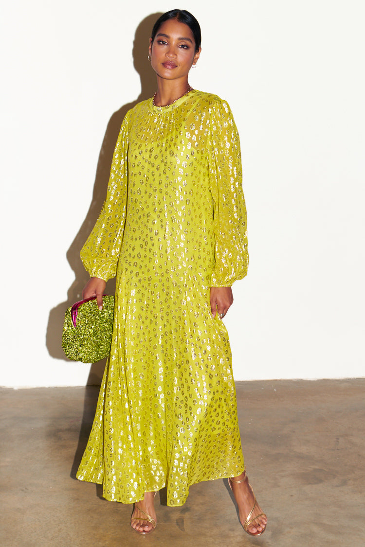 Model wearing Lime Animal Jacquard Long Sleeve Bibi Dress