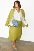 Thumbnail for caption_Model wears  Lime Vegan Leather Jaspre Skirt in UK size 18/ US 14