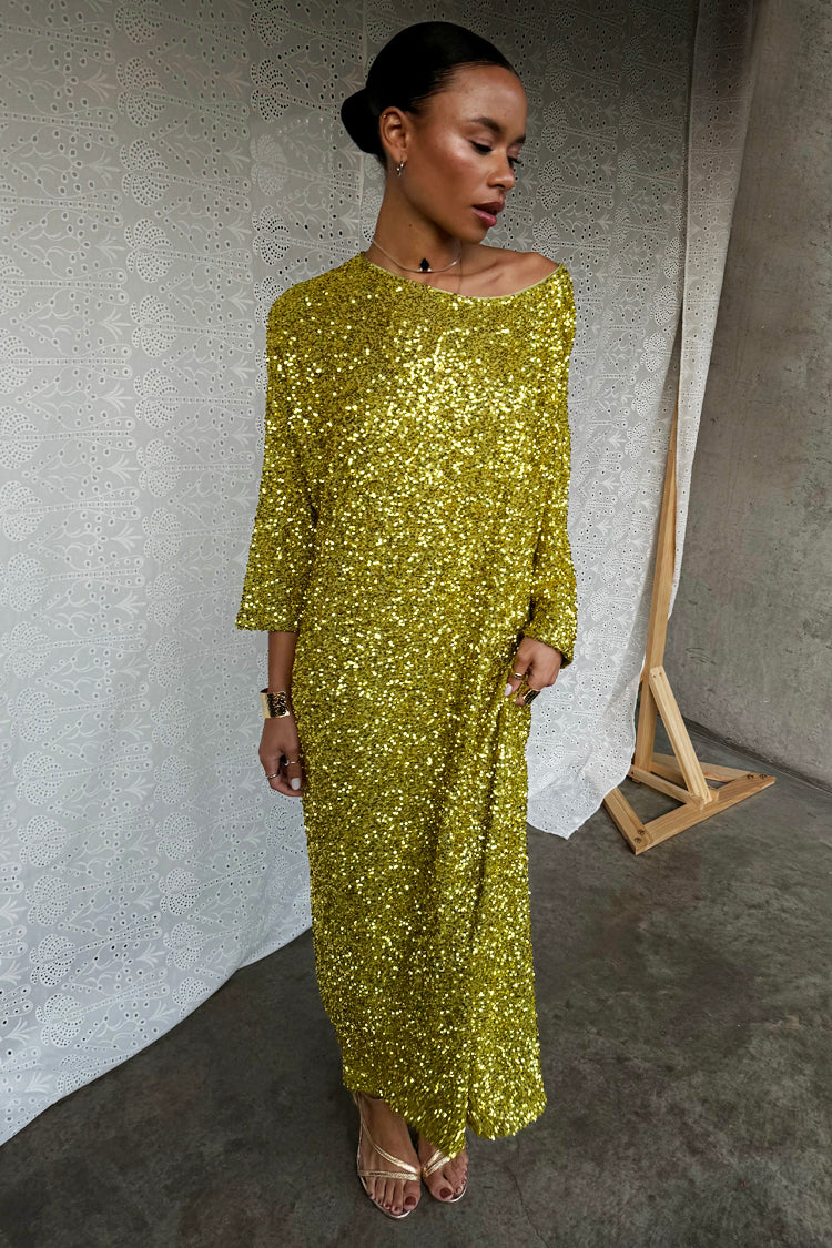 caption_Model wears Lime Sequin Jem Dress in UK size 10/ US 6