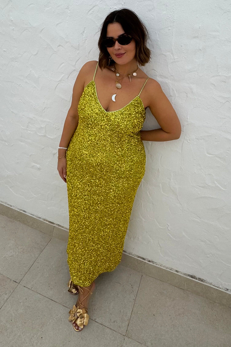 caption_Model wears  Lime Sequin Slip Dress in UK size 18 / US 14