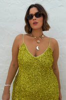 Thumbnail for caption_Model wears  Lime Sequin Slip Dress in UK size 18 / US 14