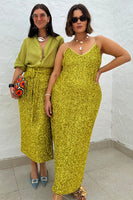 Thumbnail for caption_Model wears  Lime Sequin Slip Dress in UK size 18 / US 14