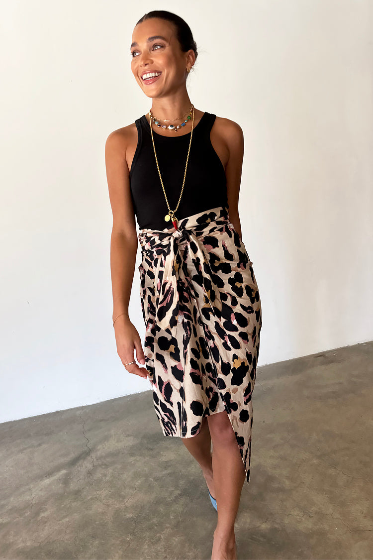 Model wearing Linen Leopard Maxi Jaspre Skirt