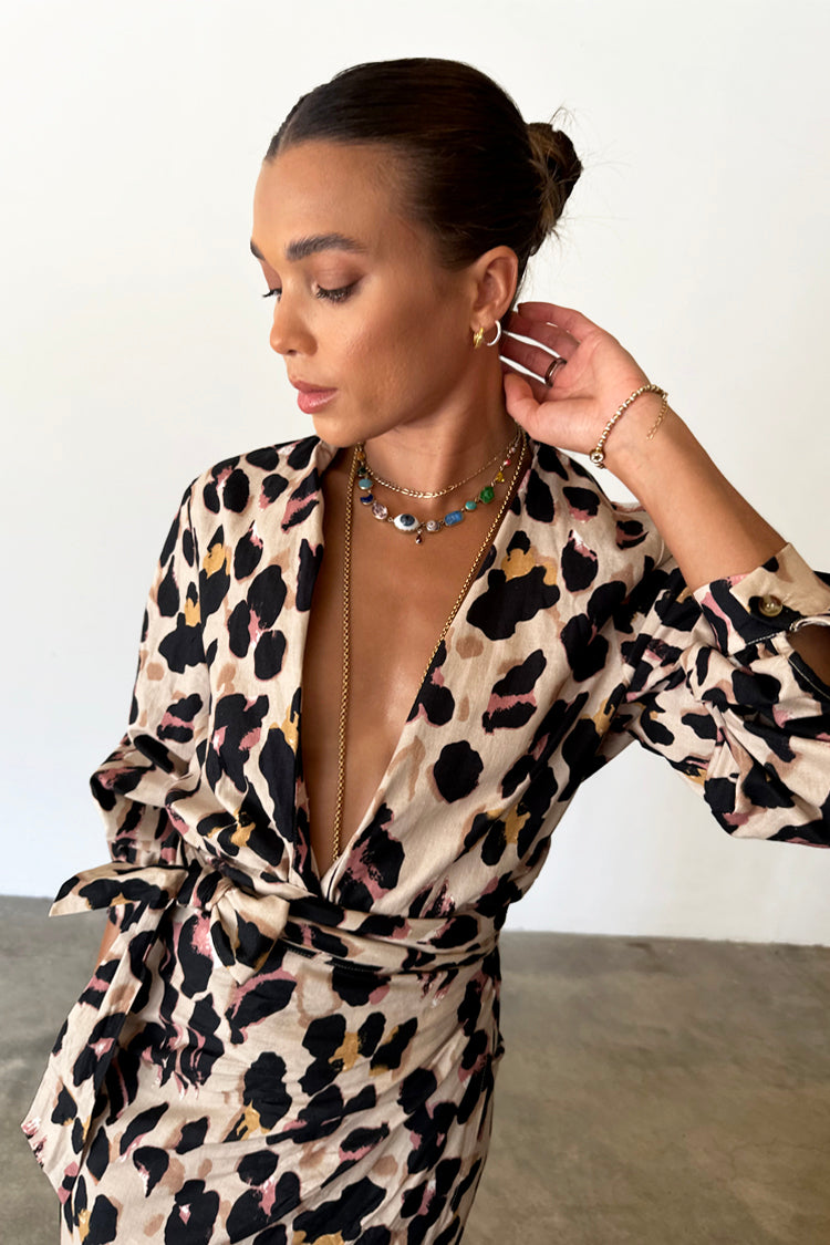 Model wearing Linen Leopard Gabbie Shirt