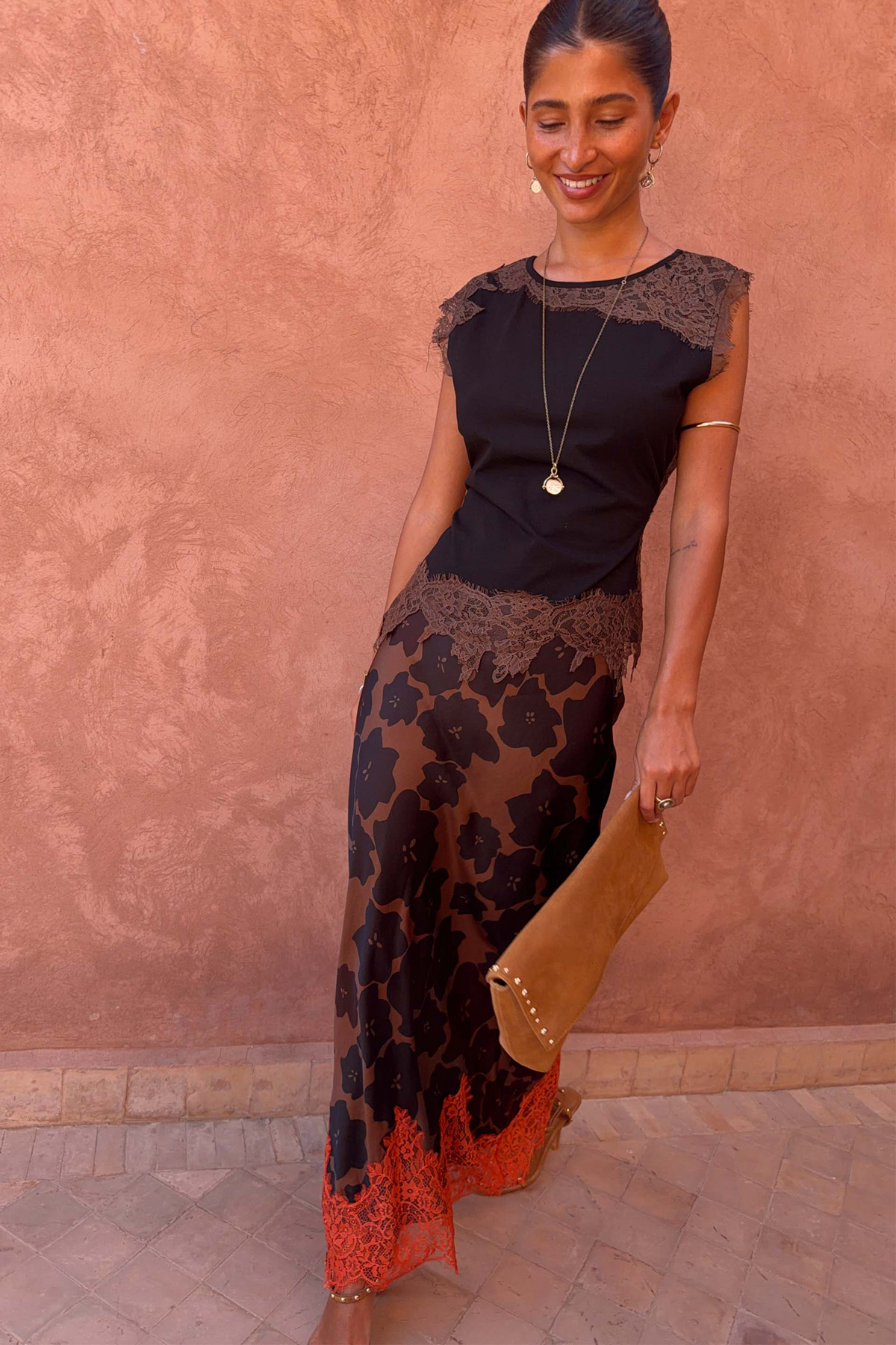 Tan Jaden Floral Midi Meava Skirt