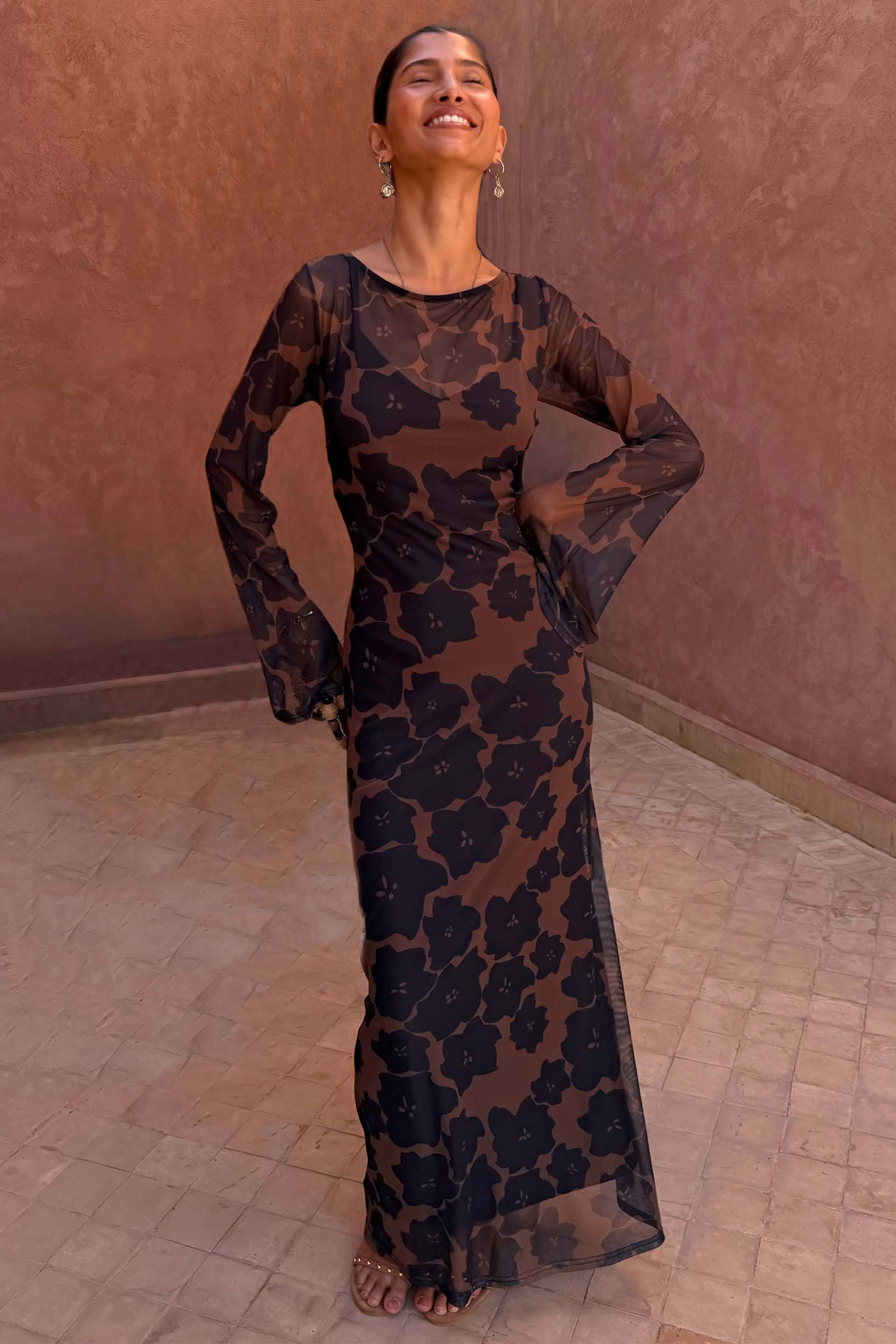 Tan Jaden Floral Mesh Dress | Never Fully Dressed
