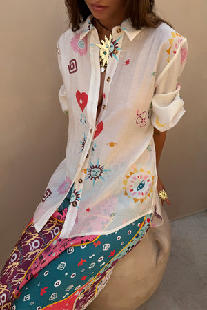 Morocco Charms Marley Shirt in sheer cream fabric with colourful sun, heart and snake motifs in an oversized fit.