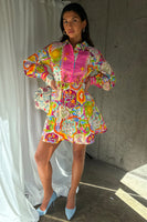 Thumbnail for caption_Model wears Mosaic Savannah Mini Dress in UK size 10/ US 6