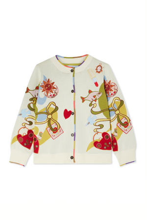 Cream Multi Enchanted Cardigan with sun and heart motifs and a multi-coloured ribbed trim, shown in a flat lay.