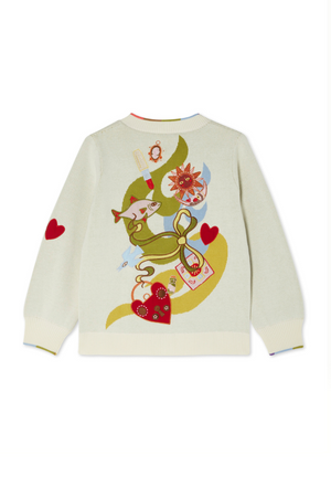 Cream Multi Enchanted Cardigan showing the back print with colourful sun, fish, bow, and heart motifs.