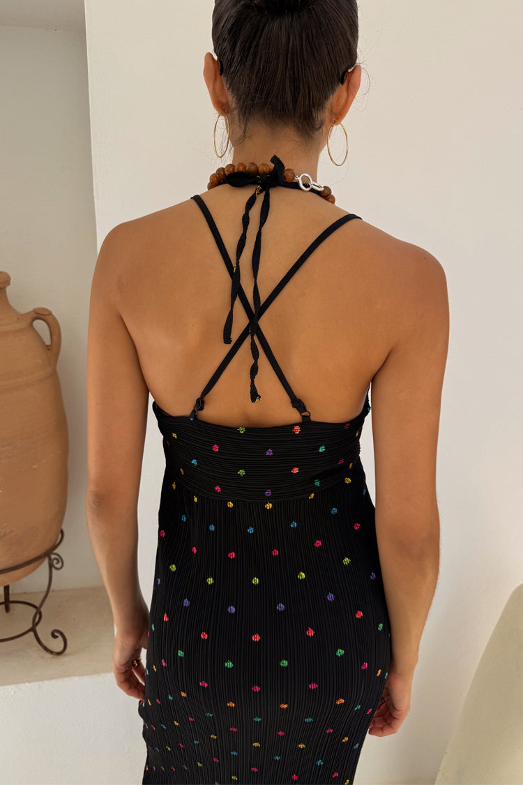 Multi Spot Megan Dress in black plisse featuring a colourful fleck print and adjustable cross-back straps.