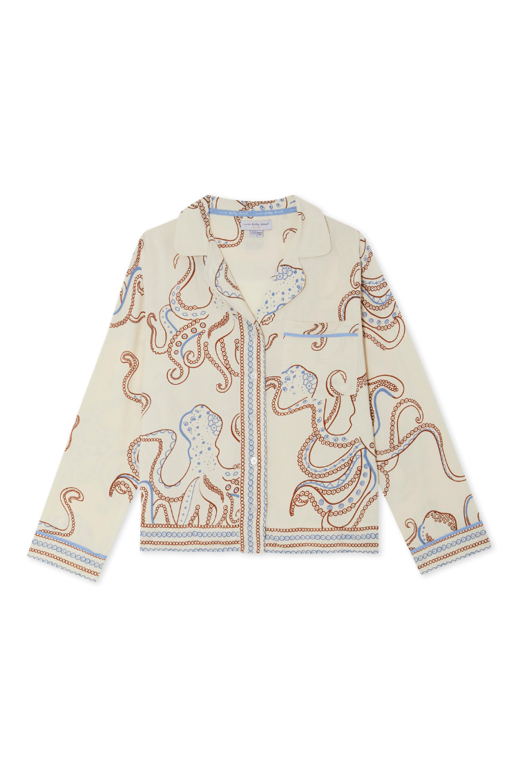Cream Octopus Button Through Pyjama top featuring a blue and brown sea print, contrast piping and a chest pocket.