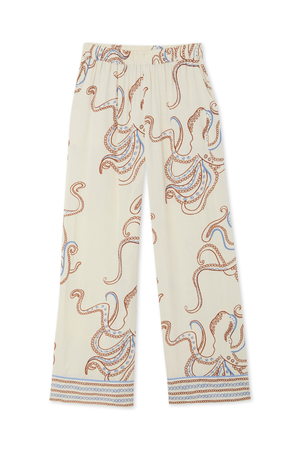Cream Octopus Pyjama Trousers featuring a relaxed wide-leg fit and an all-over brown and blue octopus print.