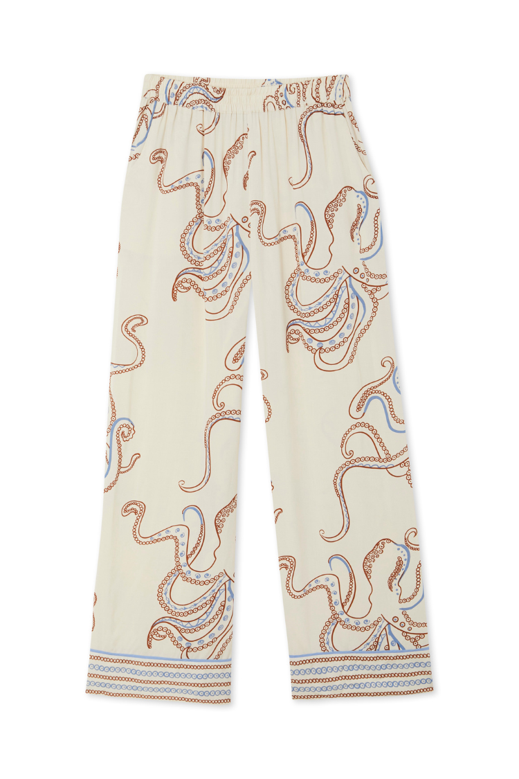 Cream Octopus Pyjama Trousers featuring a relaxed wide-leg fit and an all-over brown and blue octopus print.