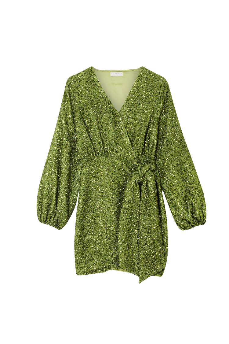 Olive Sequin Mini Vienna Dress with a wrap tie waist and voluminous sleeves in a sparkling green finish.