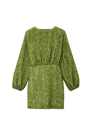 Olive Sequin Mini Vienna Dress in green with balloon sleeves and gathered waist, shown from the back.