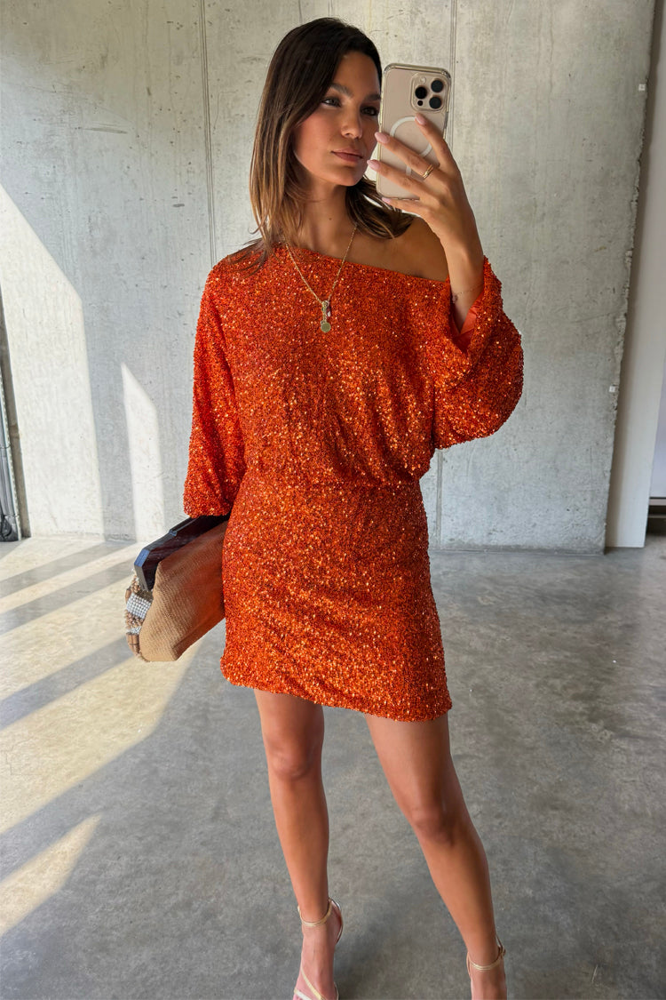 Burnt Orange Sequin Tilly Dress with an off-the-shoulder silhouette, styled in a mirror selfie for dopamine dressing.