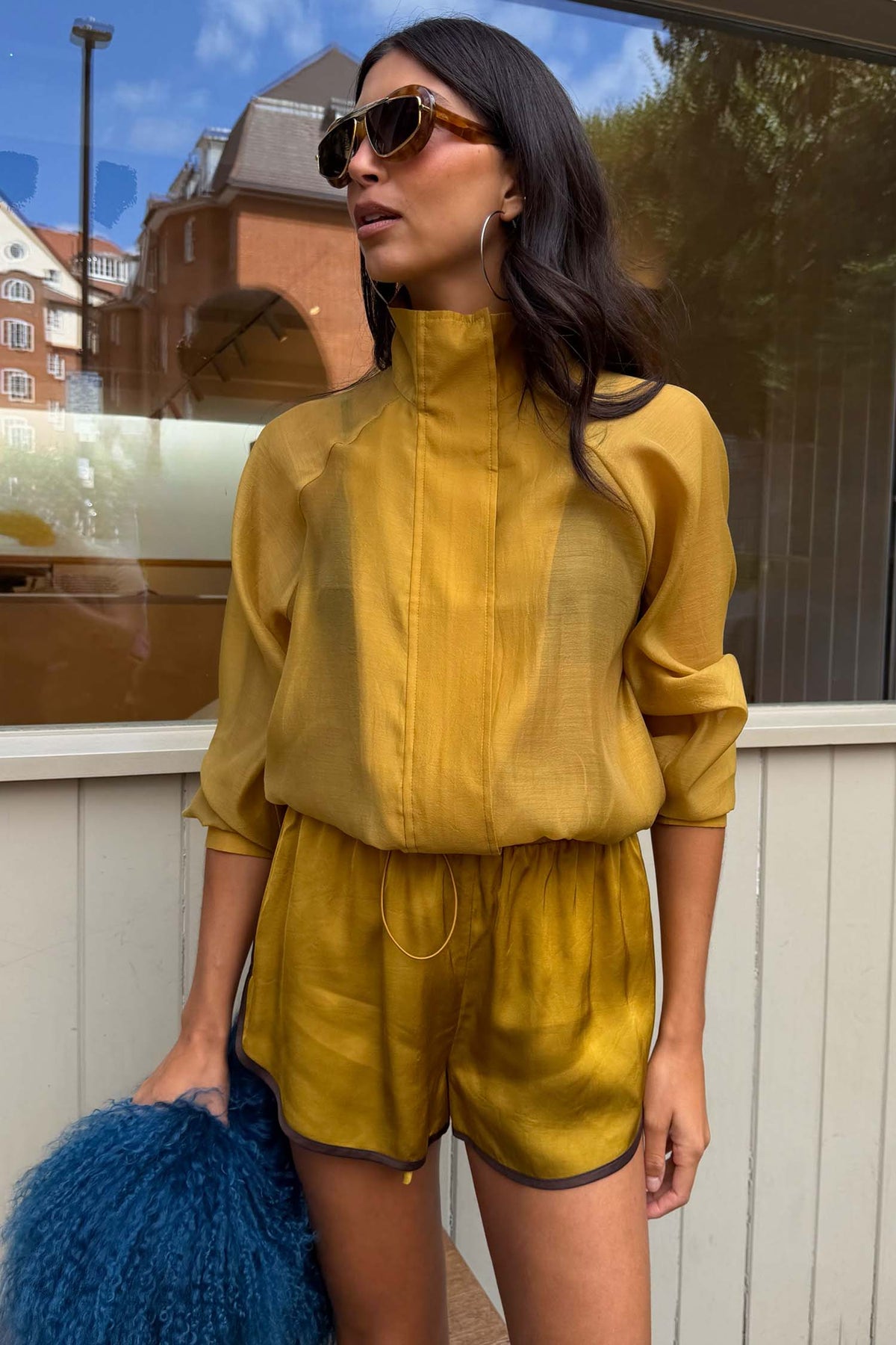 Olive Organza Funnel Neck Jacket