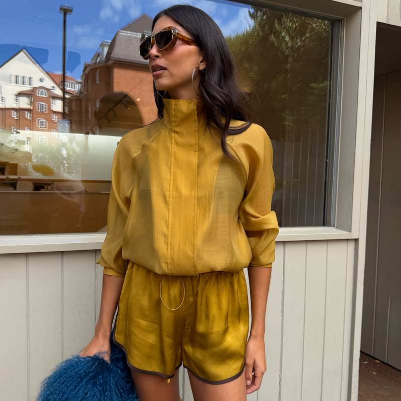 Olive Organza Funnel Neck Jacket