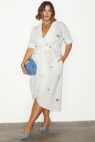 Thumbnail for caption_Model wears White Cotton Linen Brooklyn Dress With Gold Fleck in UK size 18/ US 14