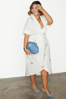 Thumbnail for caption_Model wears White Cotton Linen Brooklyn Dress With Gold Fleck in UK size 18/ US 14