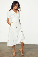 Thumbnail for caption_Model wears White Cotton Linen Brooklyn Dress With Gold Fleck in UK size 10/ US 6
