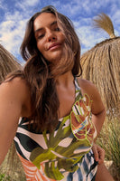 Thumbnail for caption_Model wears Palm Leaf One Shoulder Swimsuit  in UK size 16/ US 12