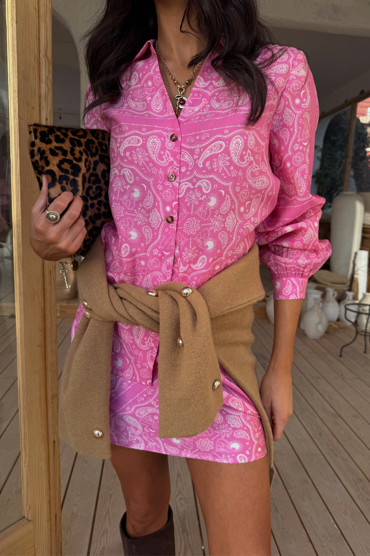 Pink Bandana Miley Shirt with blouson sleeves and paisley print, styled with a leopard clutch and camel knit sweater.