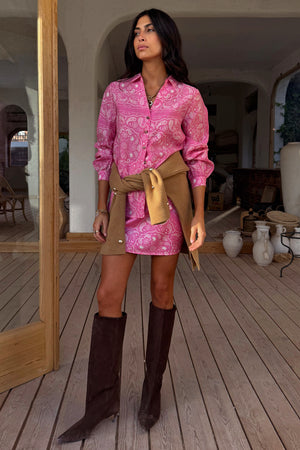 Pink Bandana Miley Shirt with blouson sleeves and a floaty silhouette, styled with a tan wrap and brown boots.