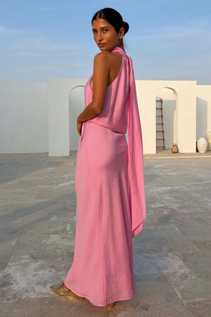 Pink Daphne Skirt and halter top with a long scarf detail, designed in London for a vacation look.