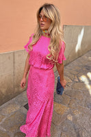 Thumbnail for caption_Model wears Pink Jacquard Erin Dress  in UK size 10/ US 6