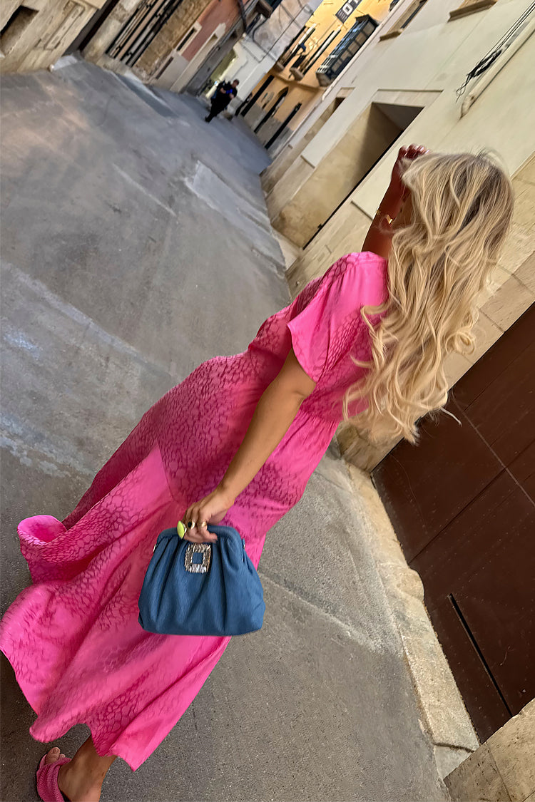 caption_Model wears Pink Jacquard Erin Dress  in UK size 10/ US 6