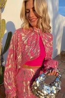 Thumbnail for Model wearing Pink Viscose Jacquard Libby Top