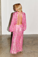 Thumbnail for Model wearing Pink Viscose Jacquard Skirt full length  back view