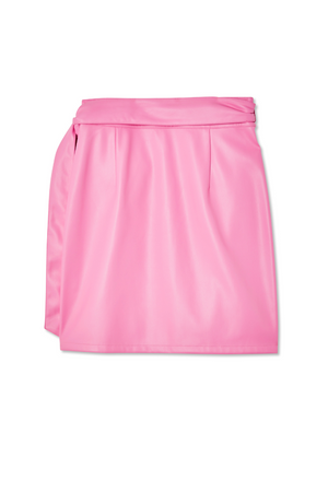 Pink vegan leather mini Jaspre wrap skirt with iconic multi-wear tie fastening.