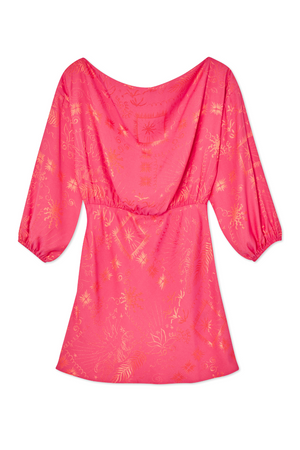 Pink Safari Mini Tilly Dress featuring pink palm-print jacquard, elasticated waistband and 3/4 length sleeves.