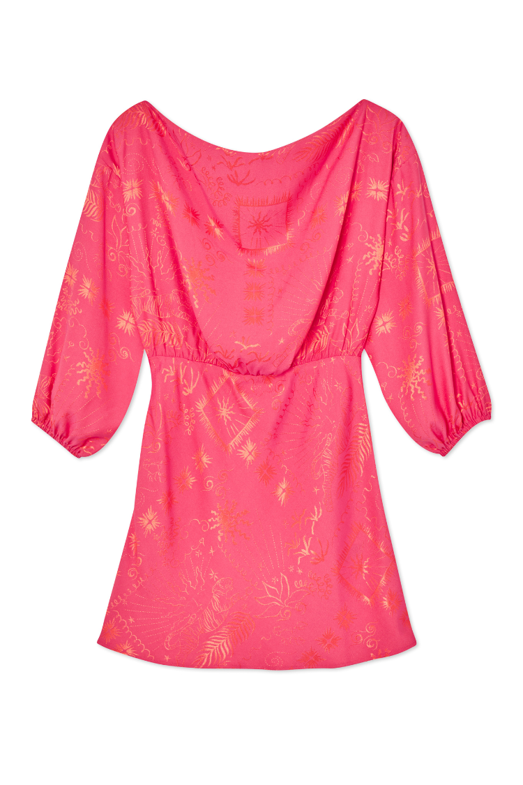 Pink Safari Mini Tilly Dress featuring pink palm-print jacquard, elasticated waistband and 3/4 length sleeves.