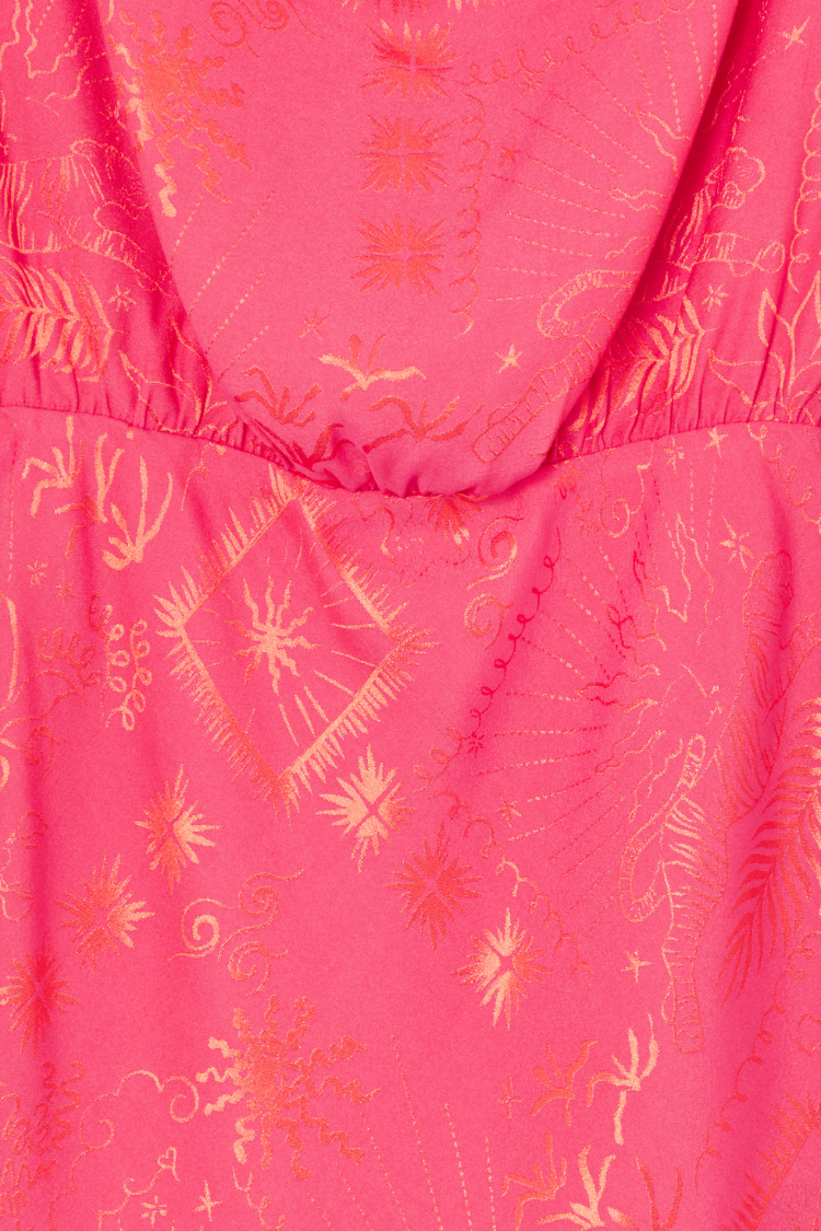Pink Safari Mini Tilly Dress detail showing the pink jacquard fabric and abstract safari sun and tiger print.