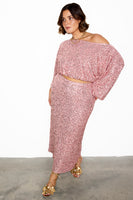 Thumbnail for caption_Model wears Pink Sequin Tilly Top in UK size 18/ US 14
