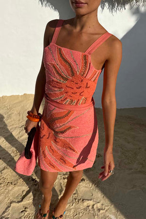 Pink Sol Beaded Top with a sun motif in glass beads and sequins, styled as a matching summer co-ord.