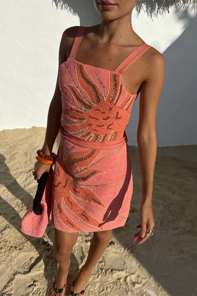 Pink Sol Beaded Top with a sun motif in glass beads and sequins, styled as a matching summer co-ord.