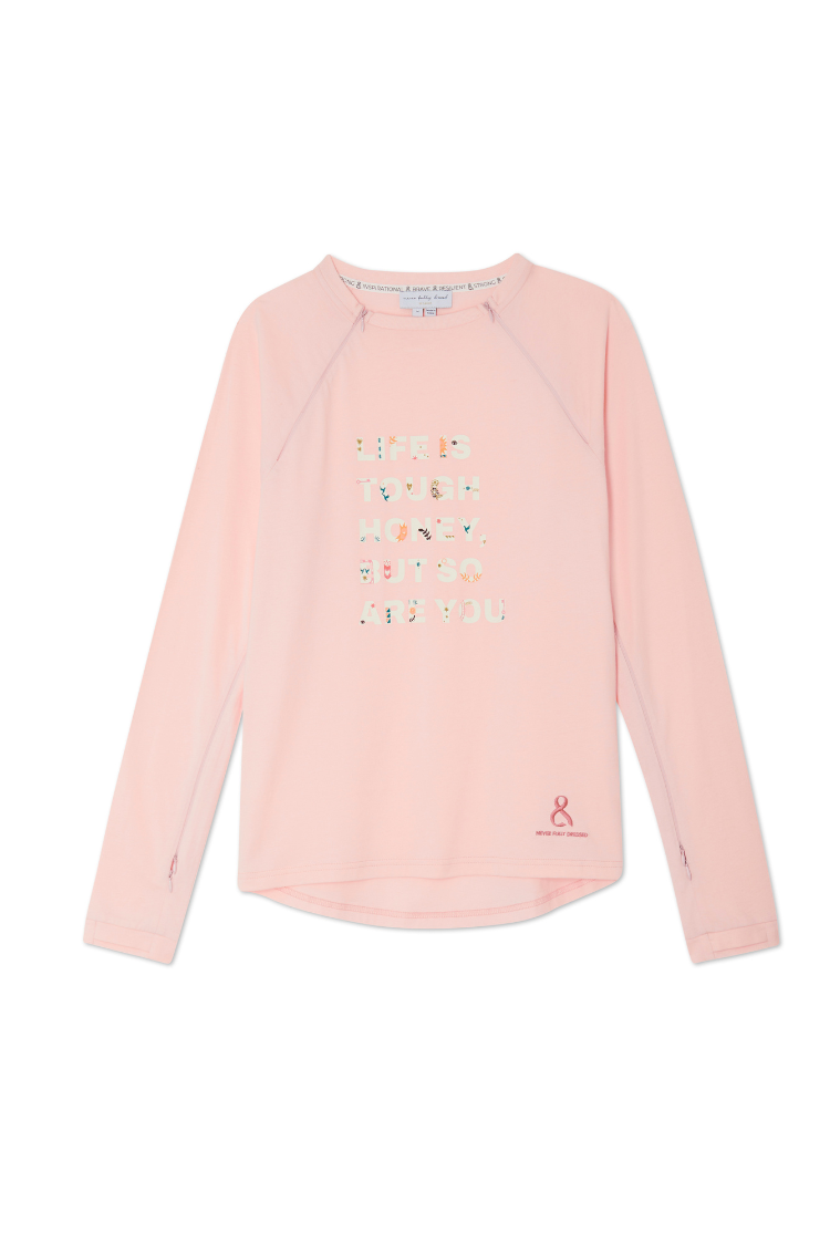 Pink Life is Tough accessible long sleeve t-shirt with colourful lettering and functional zips for treatment access.