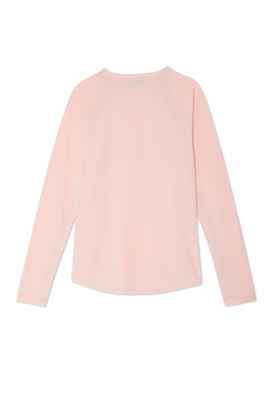 Back view of the baby pink Life is Tough Accessible T-Shirt featuring long raglan sleeves and a curved hemline.
