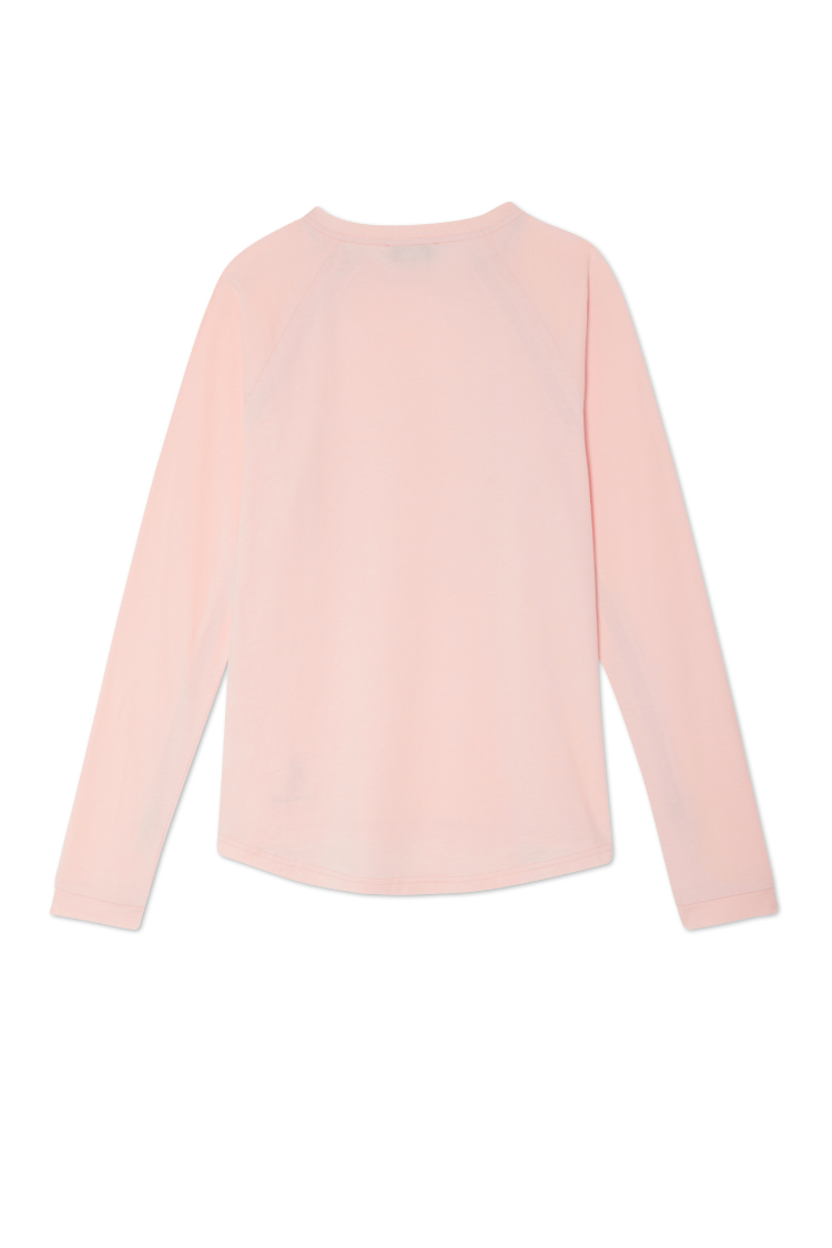 Back view of the baby pink Life is Tough Accessible T-Shirt featuring long raglan sleeves and a curved hemline.